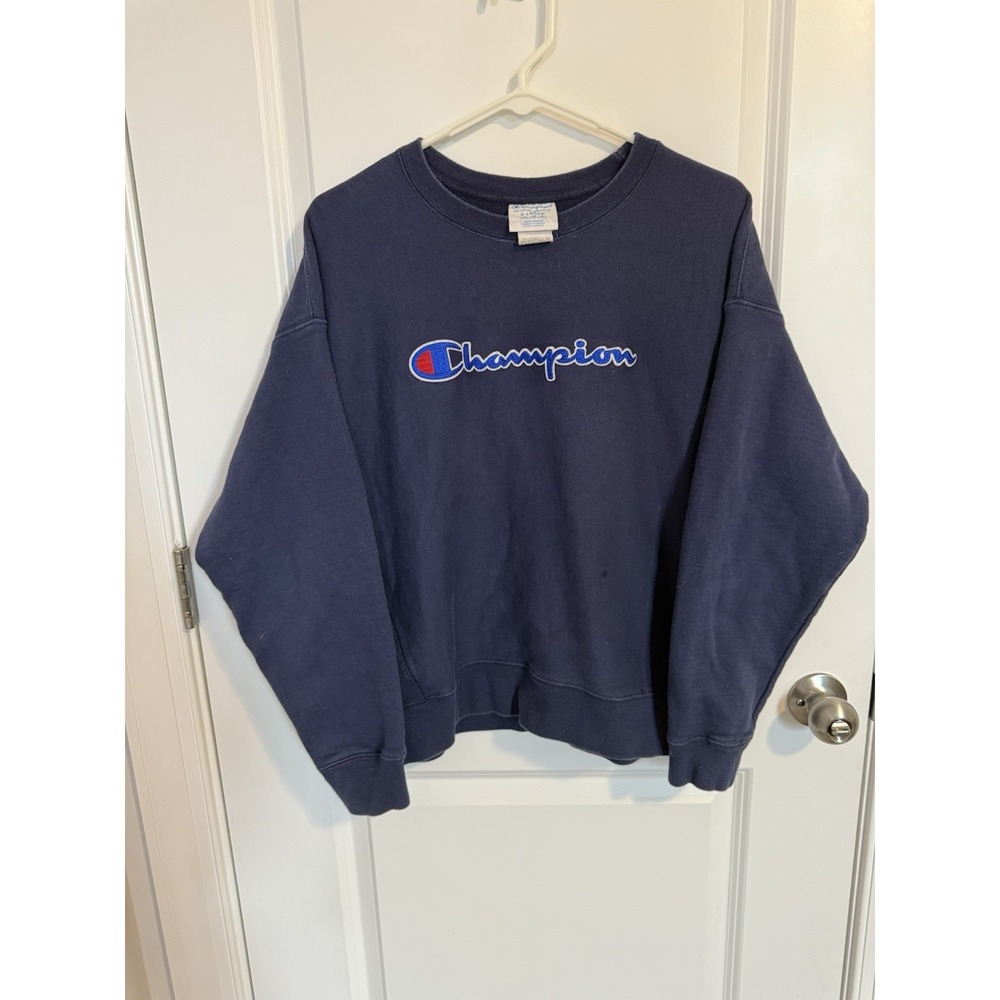 Champion Crewneck Sweatshirt Navy Blue‎ Embroidered Logo Long Sleeve Mens Sz XL